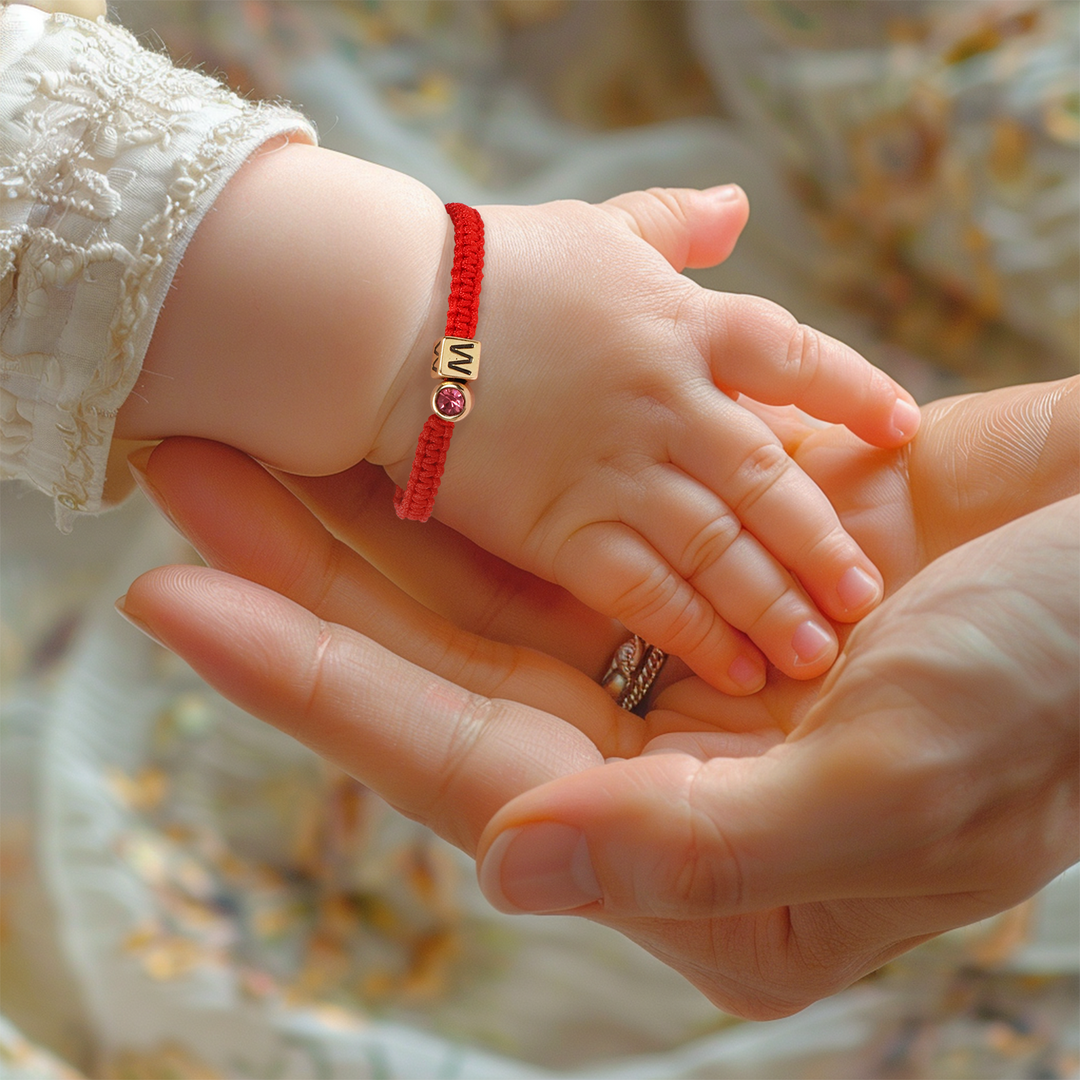 Personalized Red Cord Baby Initial & Birthstone Bracelet
