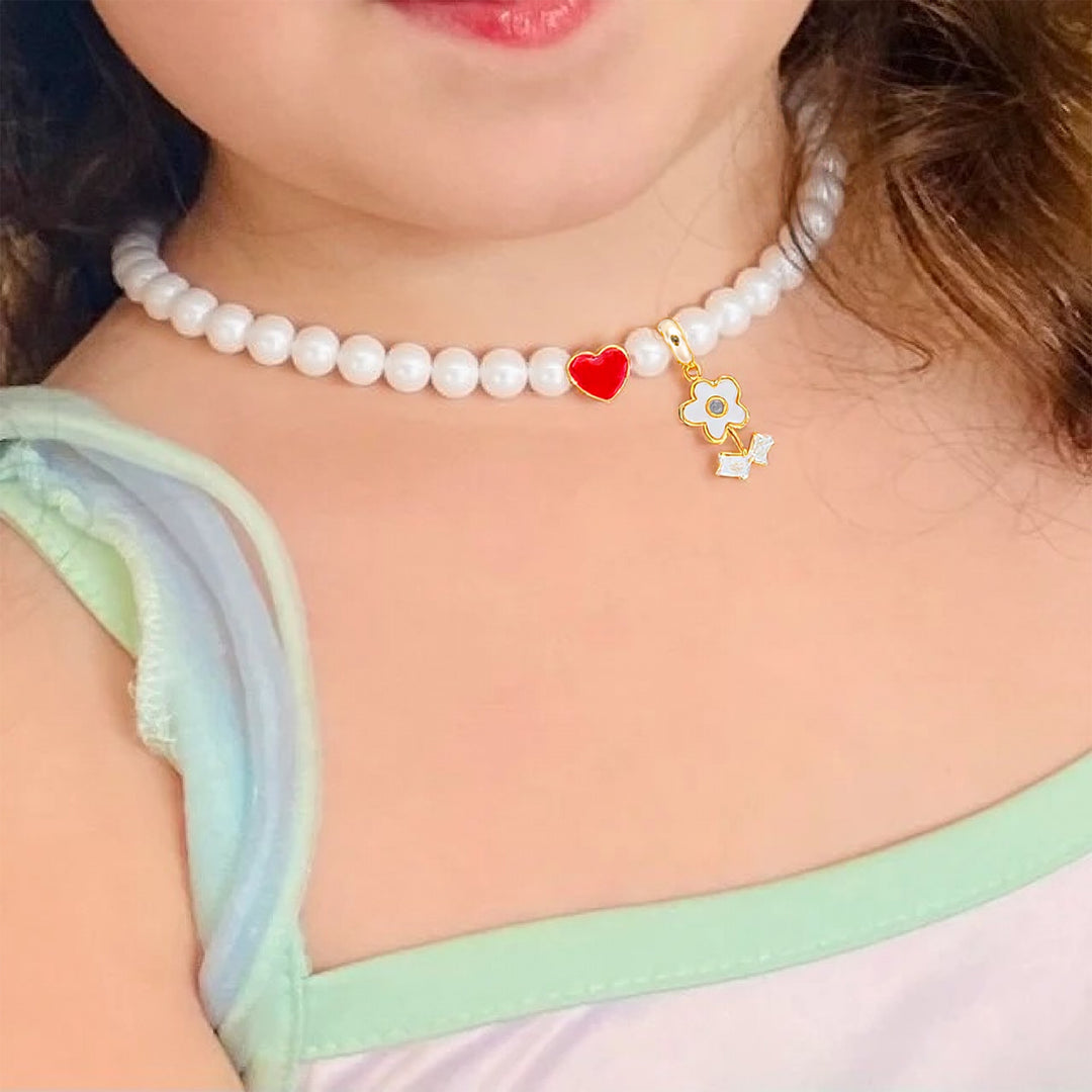 Personalized Name Girl's Heart Flower Charm Pearl Necklace