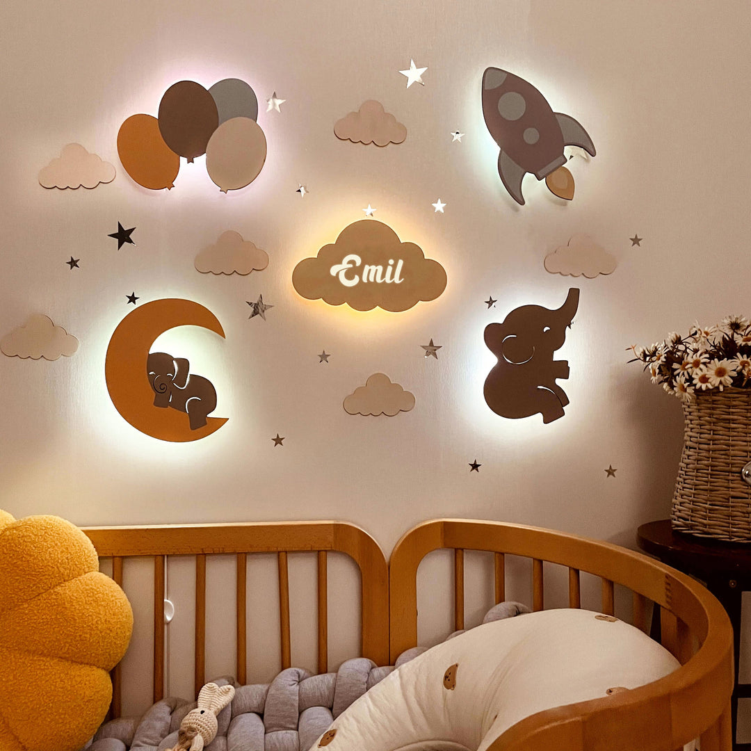 Personalized Wooden Baby Room Wall Night Light Set