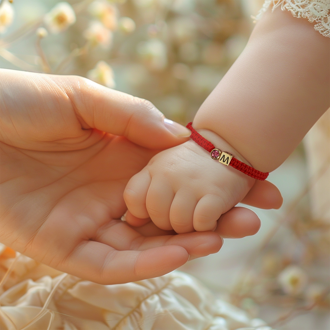 Personalized Red Cord Baby Initial & Birthstone Bracelet