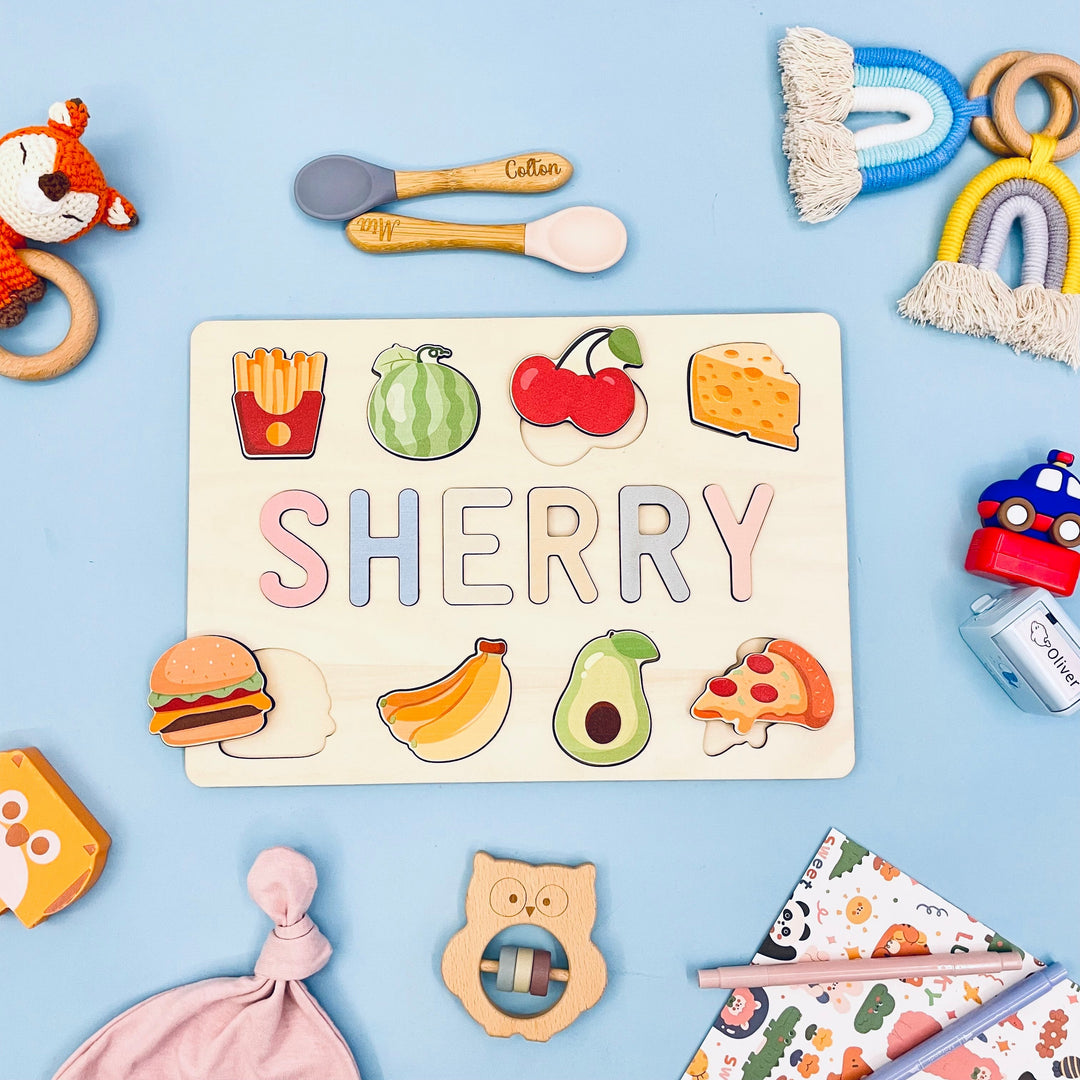 Personalized Wooden Baby Name Puzzle with Food