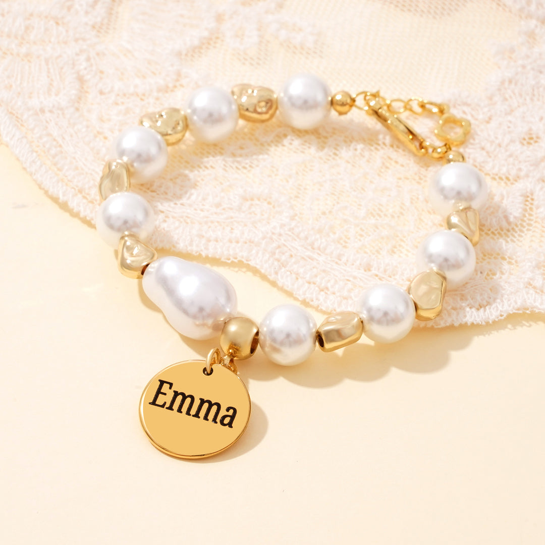 Baroque Pearl Engraved Name Disc Charm Girls Bracelet