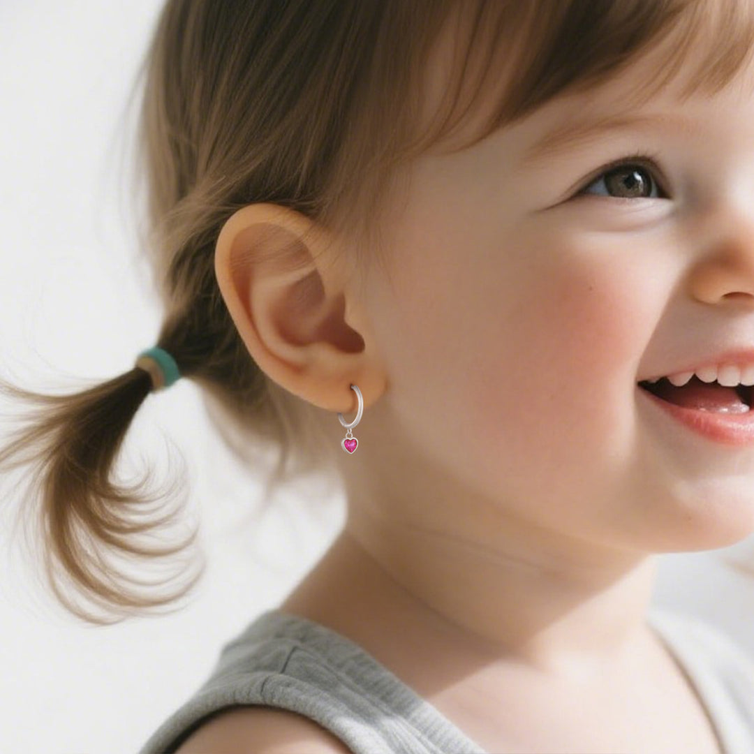 Fuchsia Heart CZ Girls Huggie Earrings