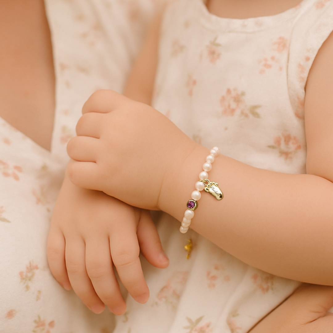 Baby Pearl Bracelet – Personalized Footprint & Birthstone