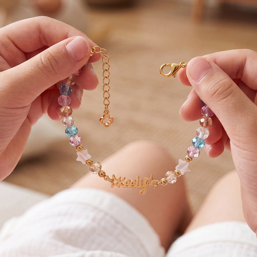 Personalized Kids Name Bracelet with Crystal Beads & Star Charms