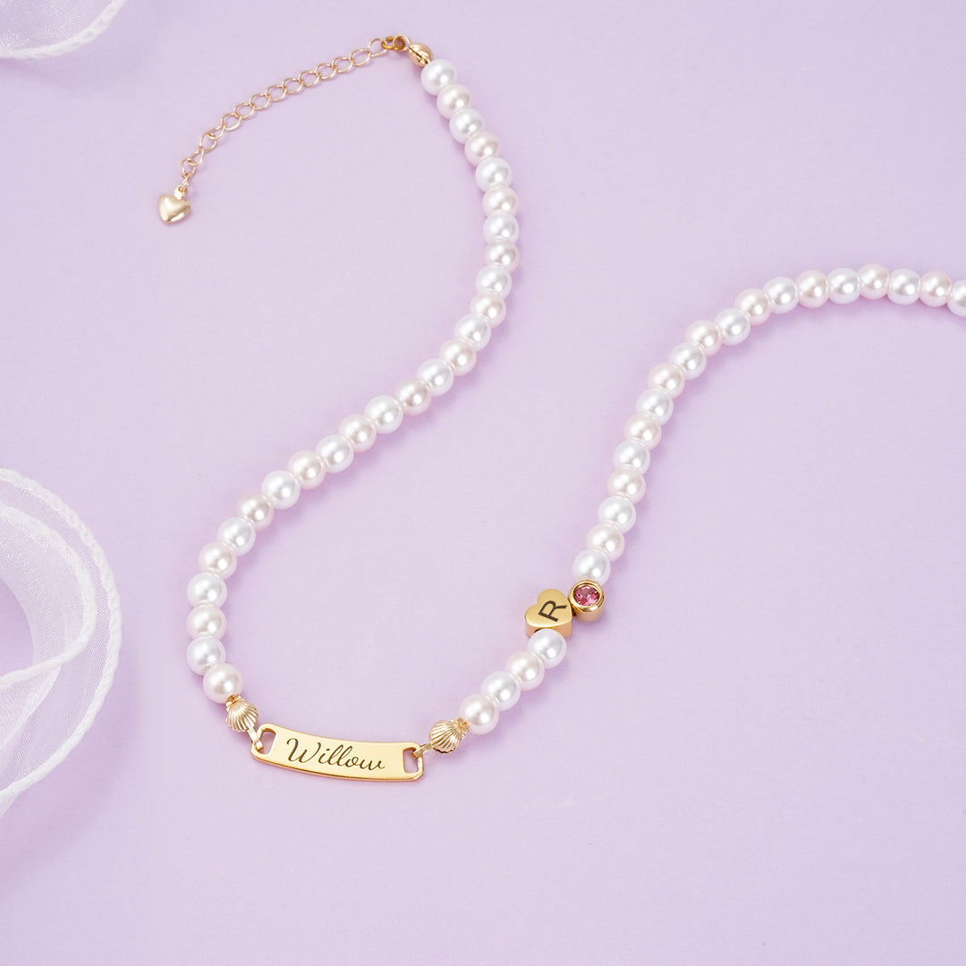 Vierblättriges Kleeblatt Personalisiertes Perlenarmband mit Babynamen und Geburtsstein 