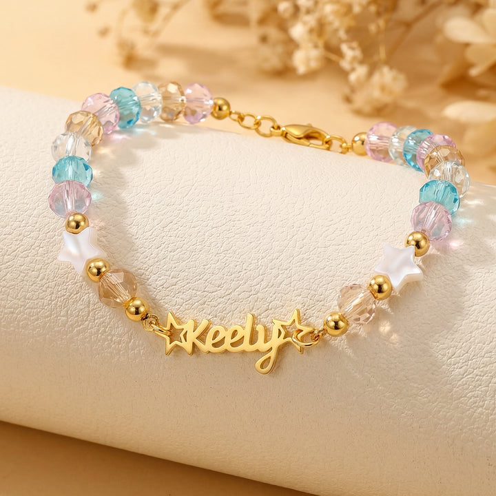 Personalized Kids Name Bracelet with Crystal Beads & Star Charms