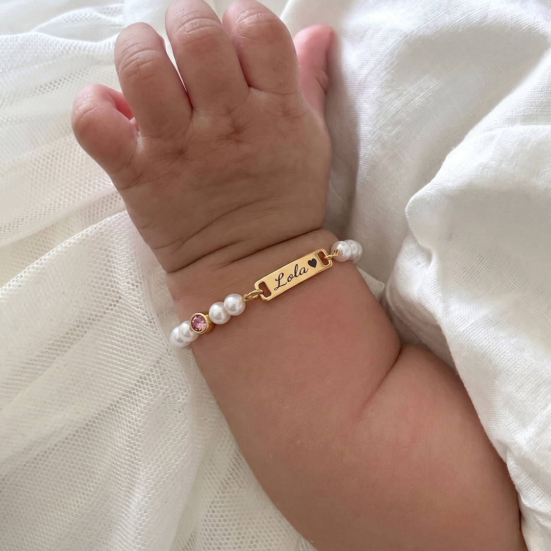 Bracelet de perles personnalisé avec nom de bébé et pierre de naissance