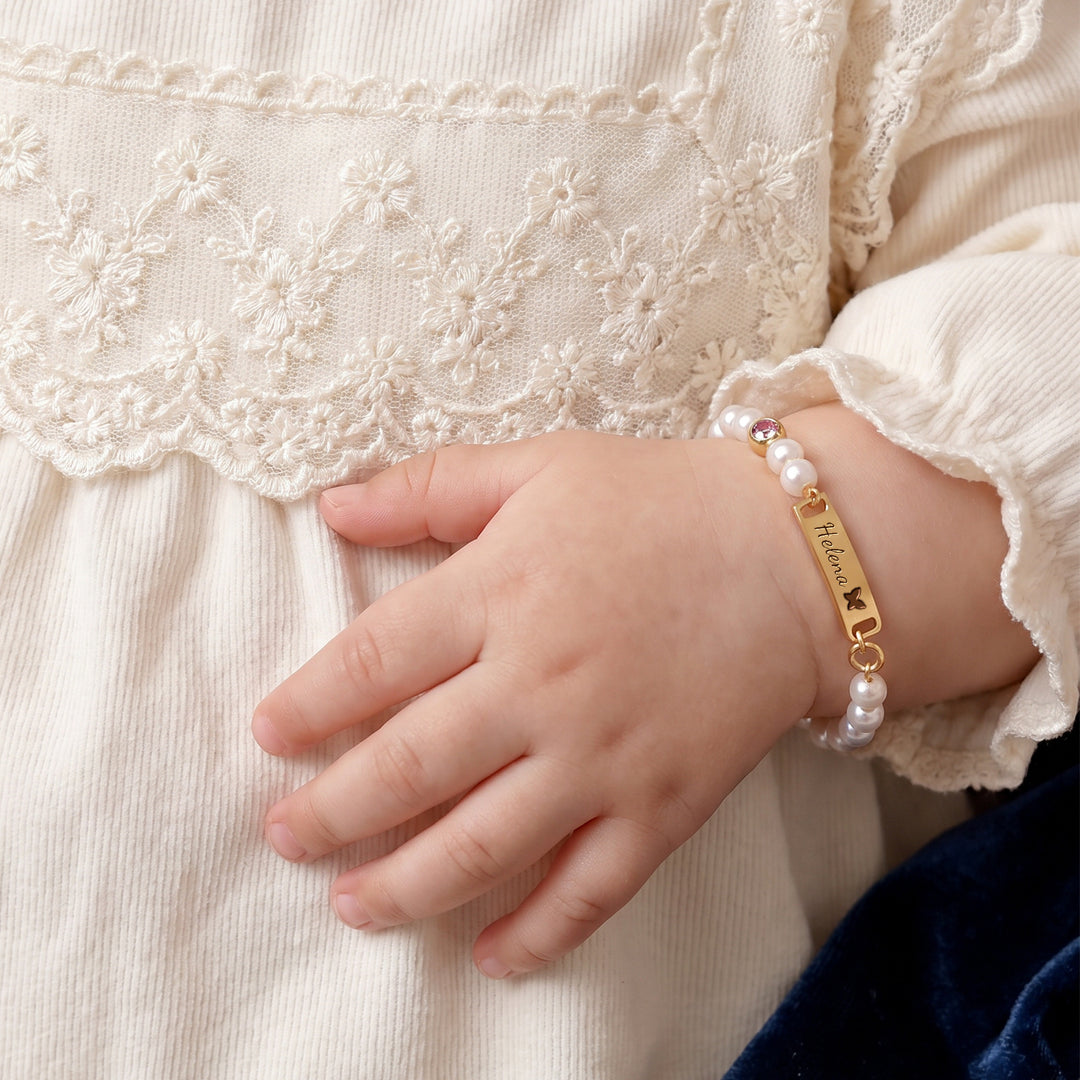 Bracelet de perles personnalisé avec nom de bébé et pierre de naissance