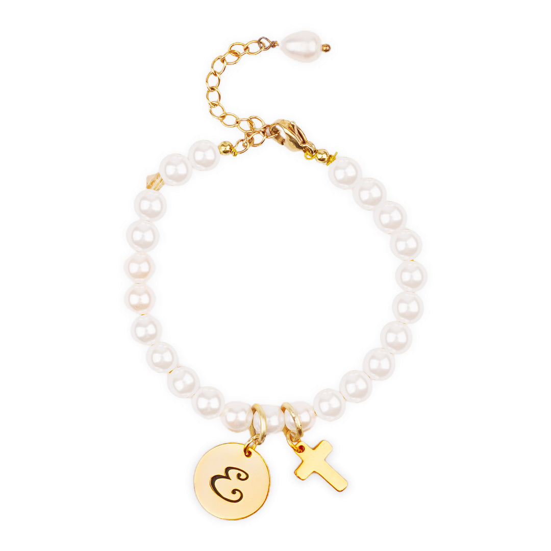 Personalized Childrens Cross and Pearl Bracelet with Initial