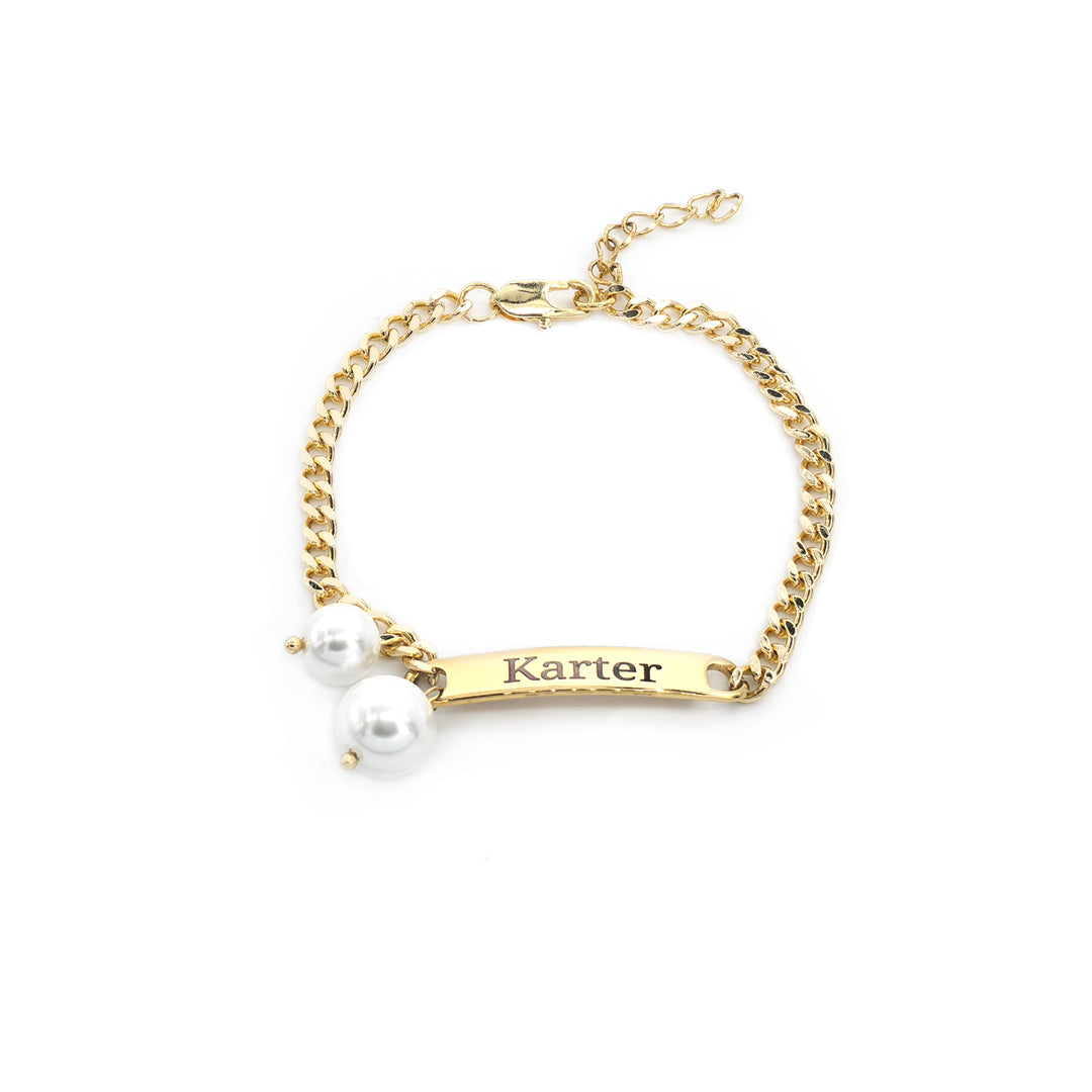 Engravable Name Children‘s Bracelet with Two Pearl Charms