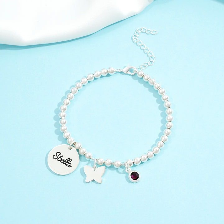 Round Small Pendant Birthstone Name Bracelet