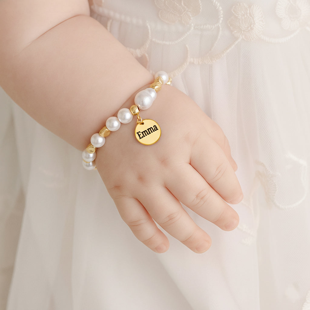 Baroque Pearl Engraved Name Disc Charm Girls Bracelet