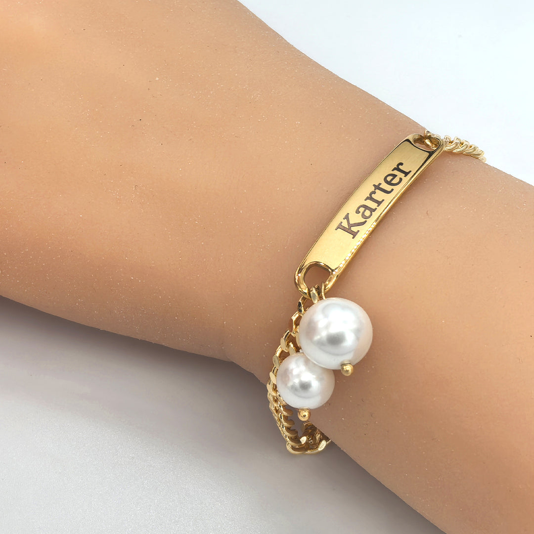 Engravable Name Children‘s Bracelet with Two Pearl Charms