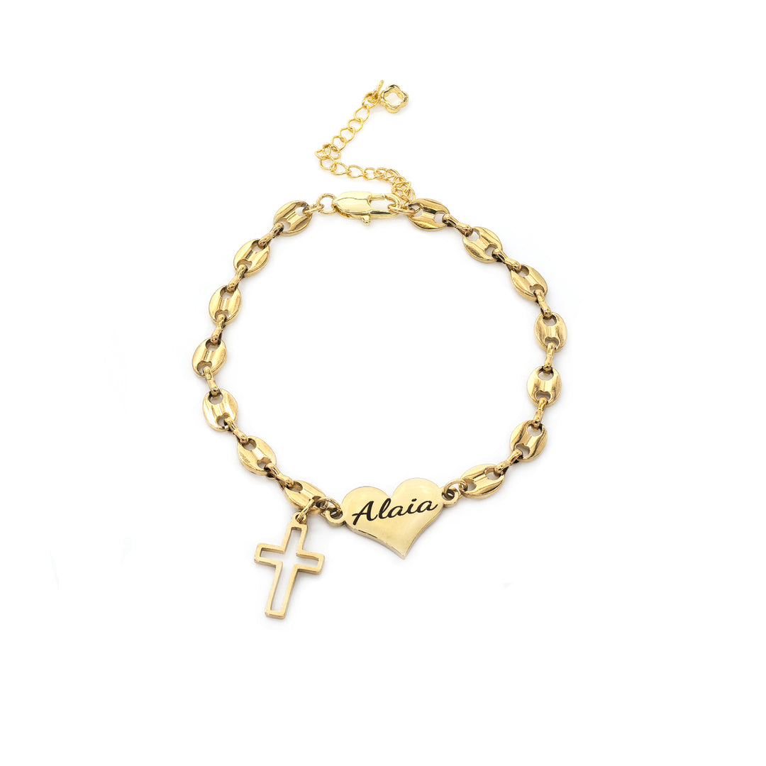 Pig Nose Chain Engravable Heart and Cross Charm Bracelet for Girls