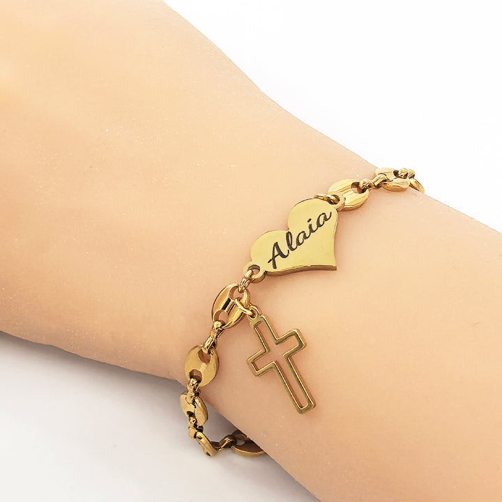 Pig Nose Chain Engravable Heart and Cross Charm Bracelet for Girls