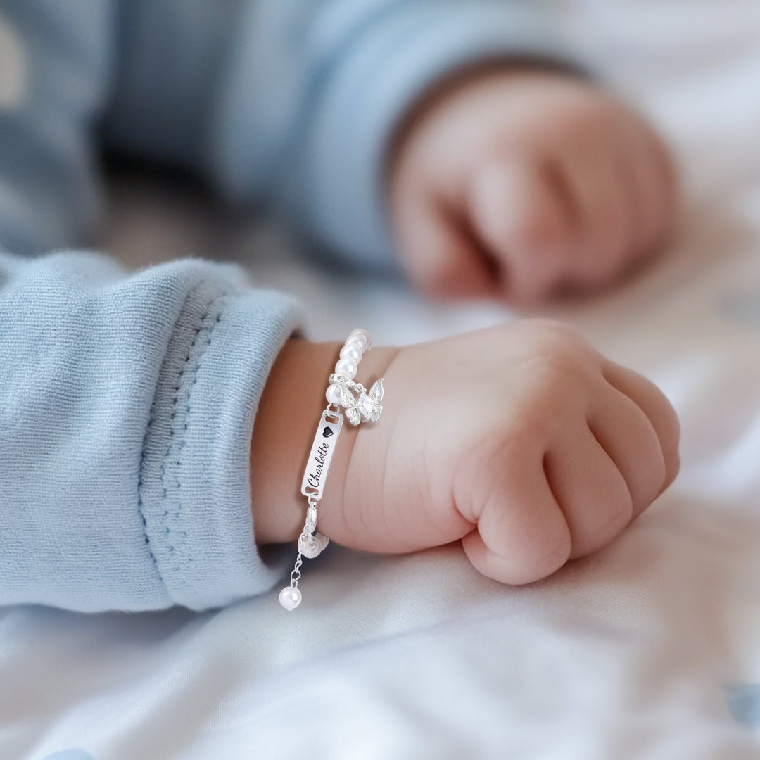 Personalized Girl's Pearl Identity Bracelet – Crystal Butterfly Charm