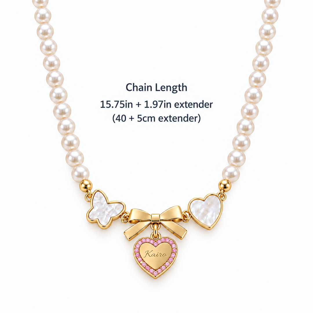 Girls’ Personalized Bow and Heart Pearl Name Necklace