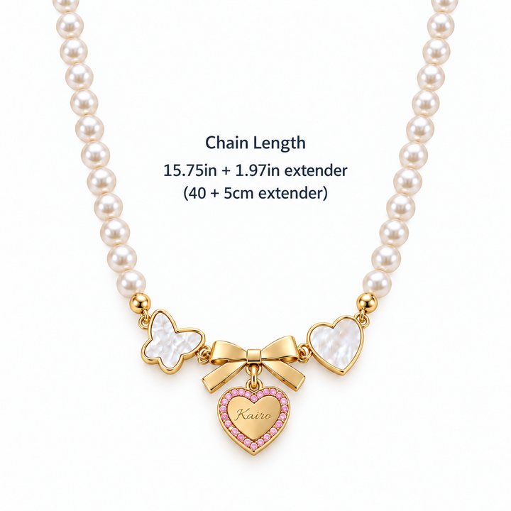 Girls’ Personalized Bow and Heart Pearl Name Necklace