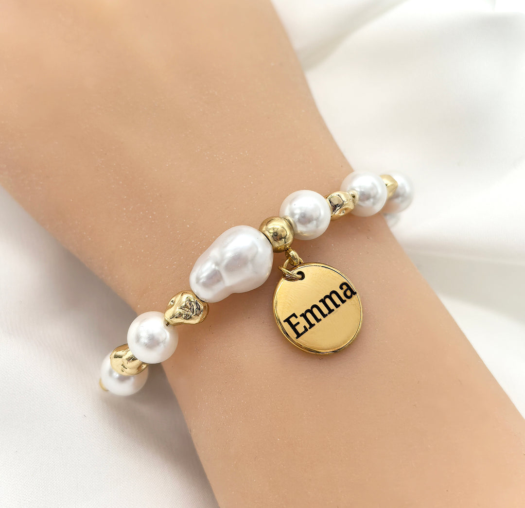 Baroque Pearl Engraved Name Disc Charm Girls Bracelet