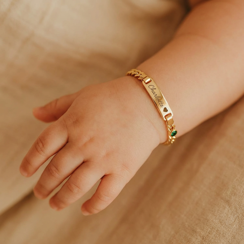 Bracelet personnalisé avec nom de bébé et pierre de naissance 