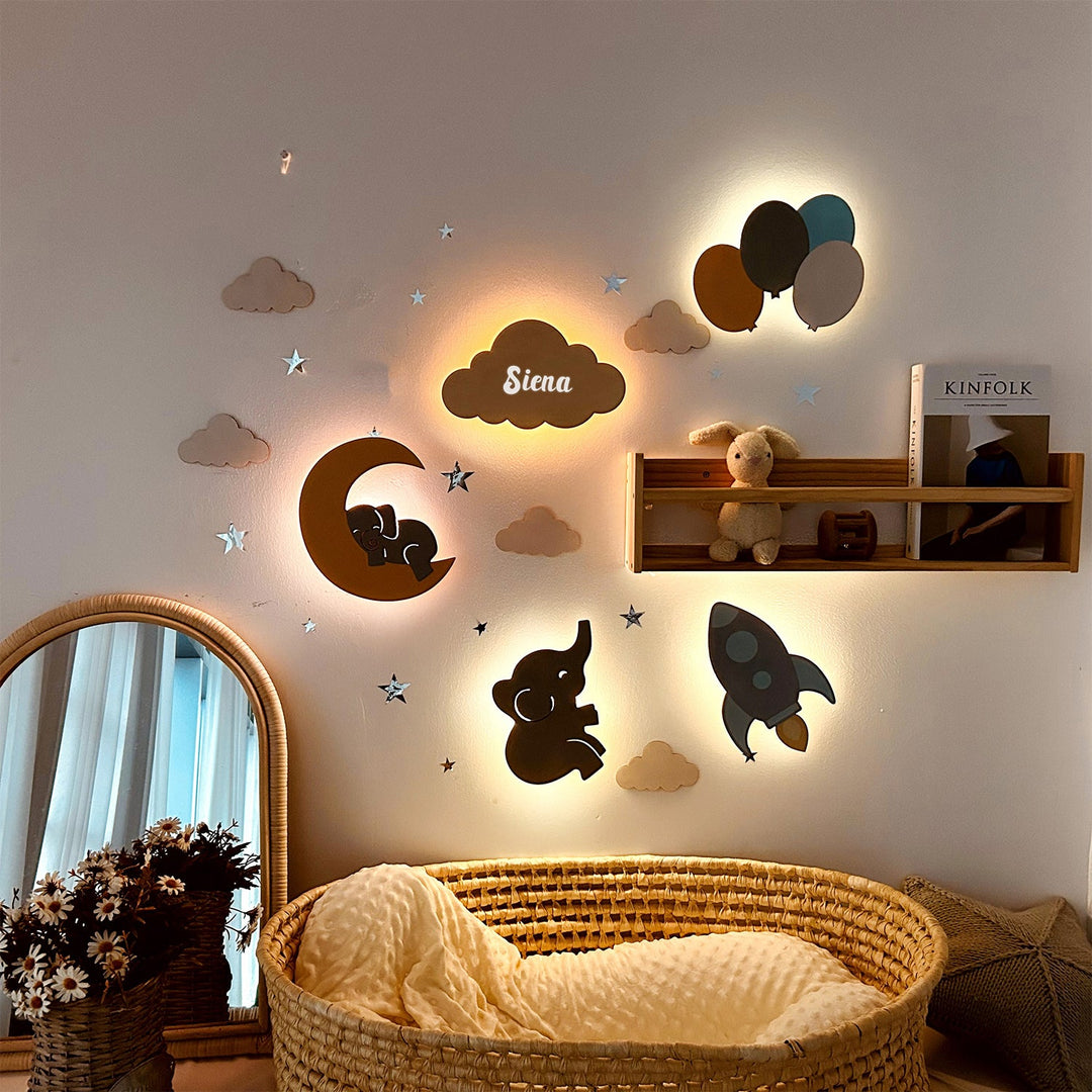Personalized Wooden Baby Room Wall Night Light Set