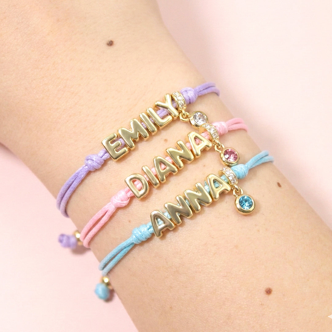 Personalized Balloon Initial Name & Birthstone Rope Bracelet
