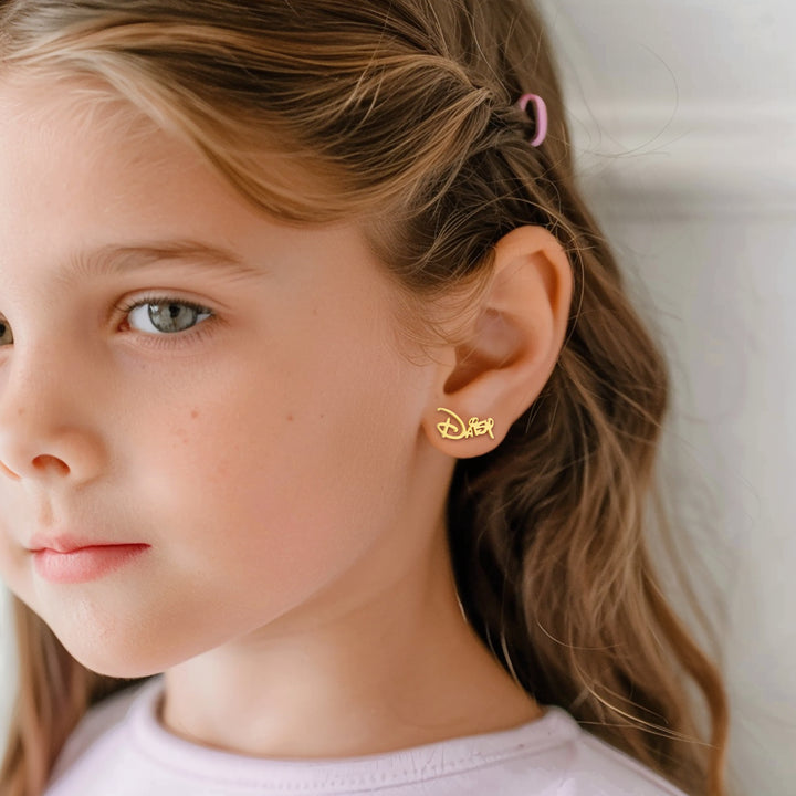 Girl Wearing Her Name Earrings