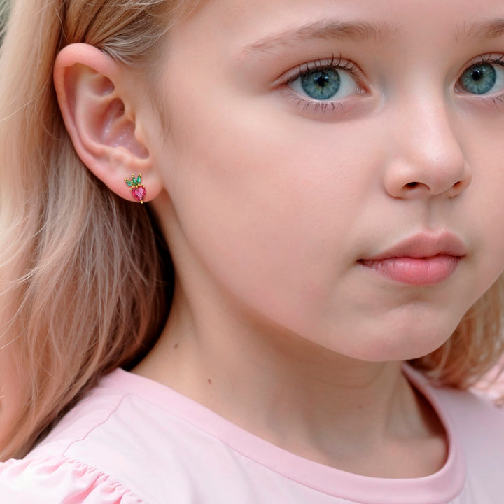 Girl Wearing Crystal Strawberry Earrings