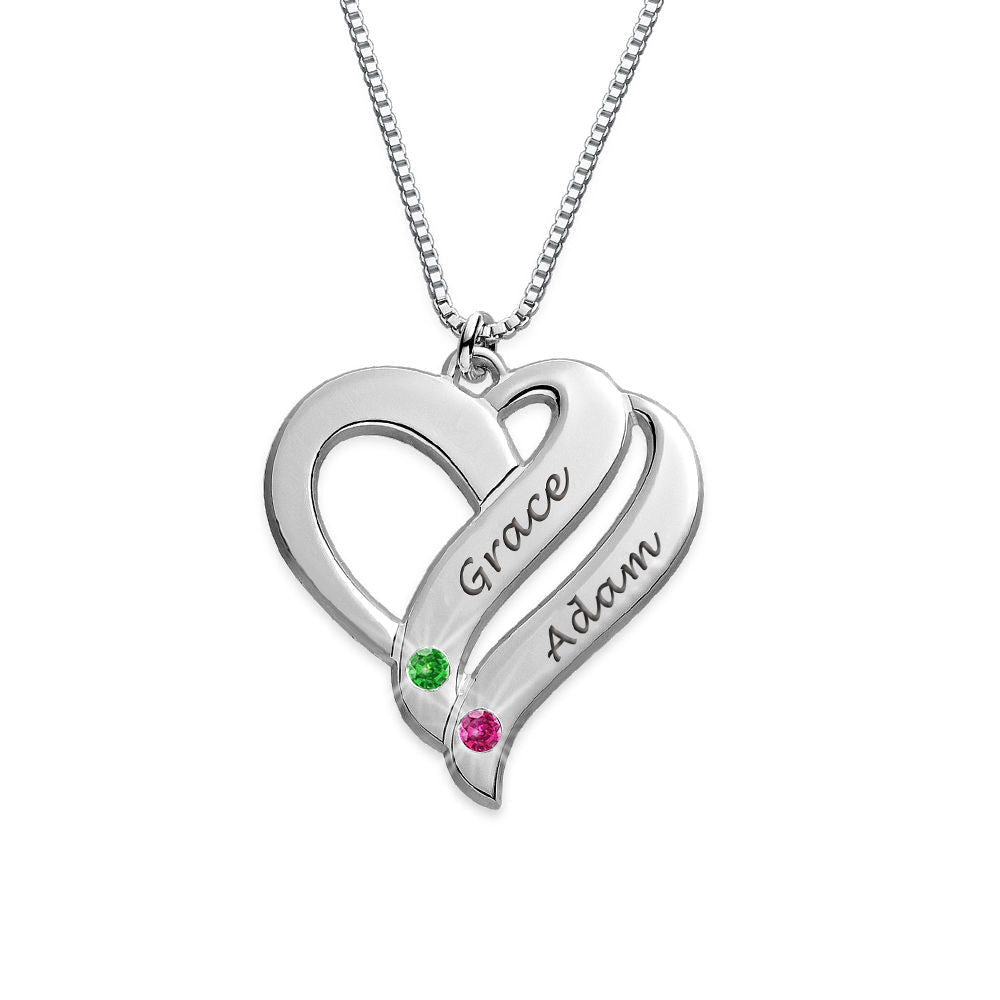 Double Heart Personalized Name and Birthstone Necklace