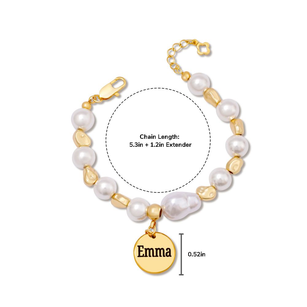 Baroque Pearl Engraved Name Disc Charm Girls Bracelet