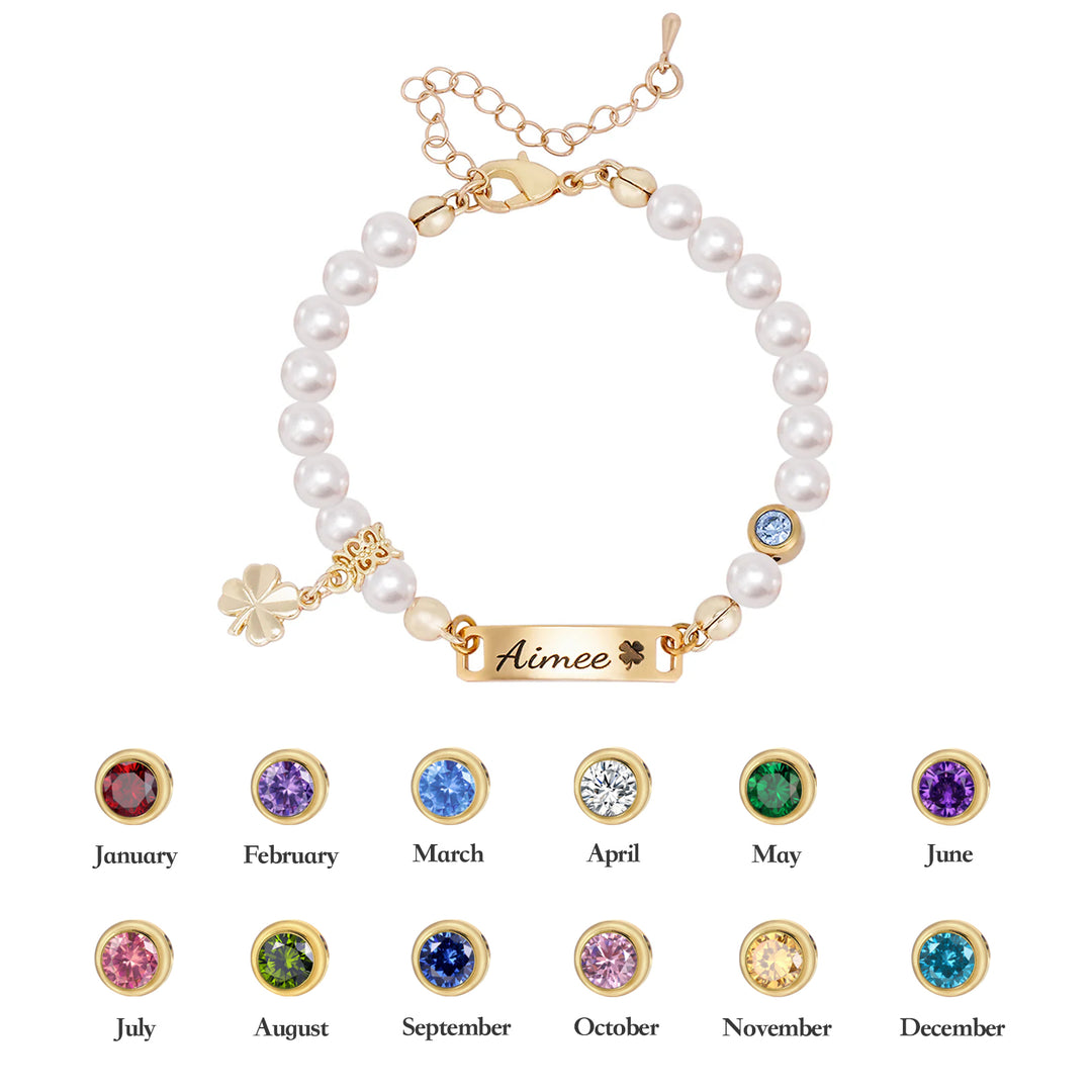 Bracelet personnalisé avec nom et pierre de naissance pour bébé en perles et trèfle à quatre feuilles 