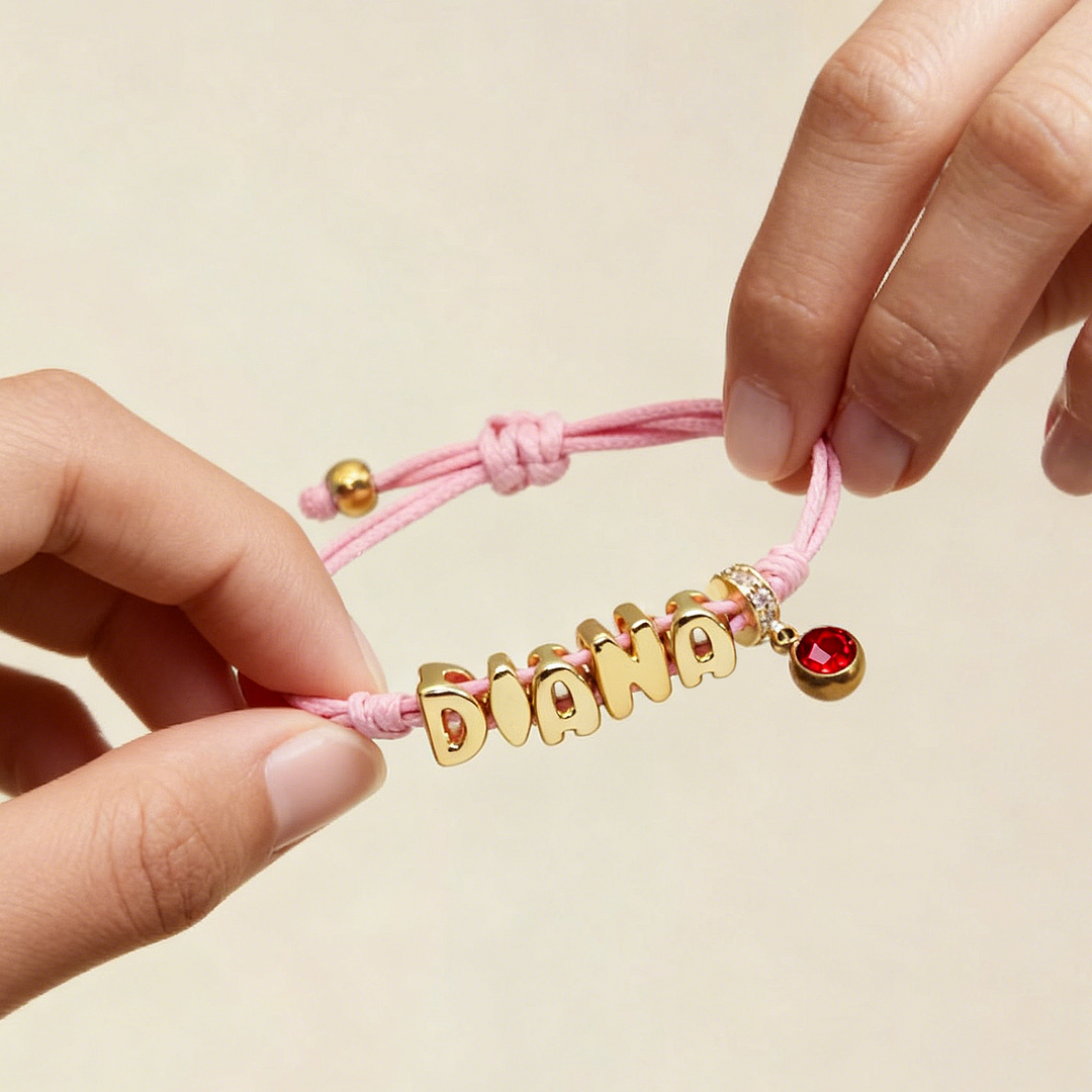 Personalized Balloon Initial Name & Birthstone Rope Bracelet