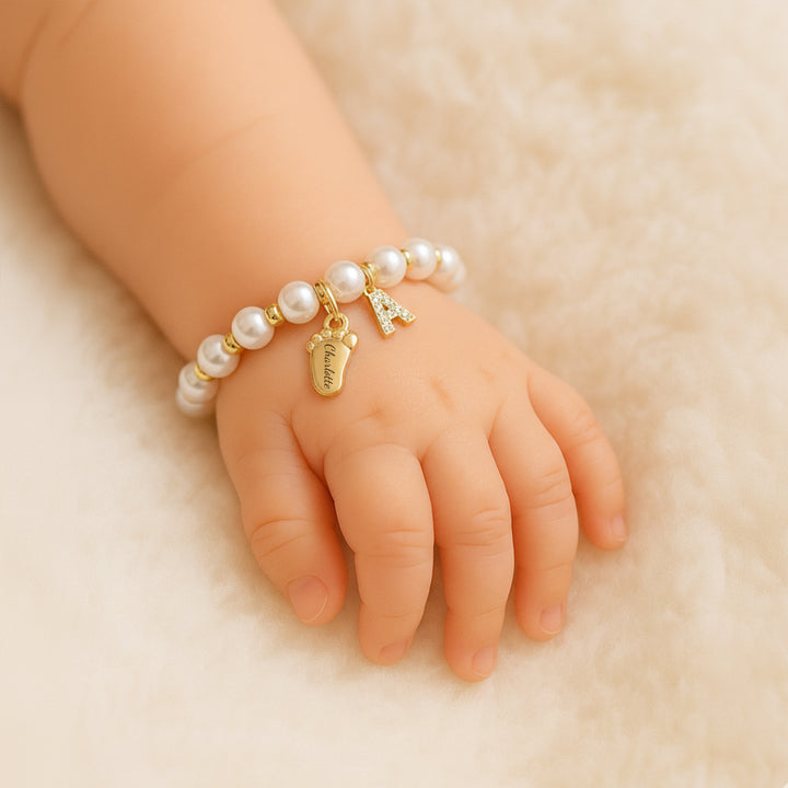 Baby Keepsake Pearl Bracelet with Name Foot and Initial Charm