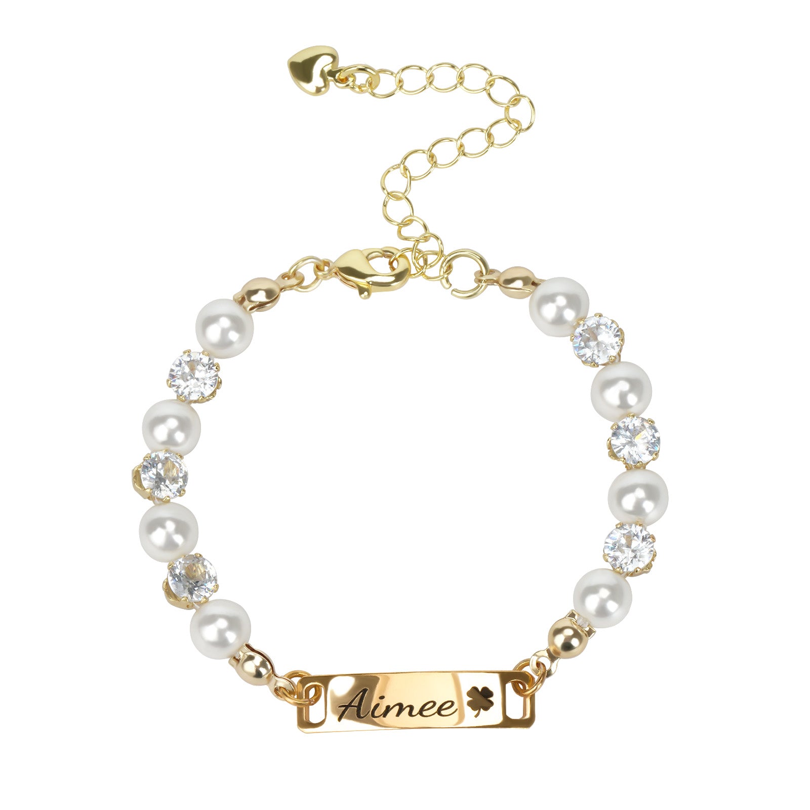 Personalized Kids Pearl & CZ Nameplate Bracelet – Adjustable Gold