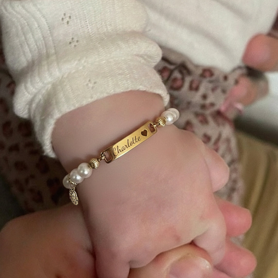 Personalized Baby Name and Birthflower Pearl Bracelet