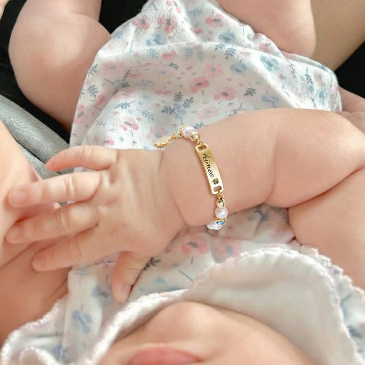 Four-leaf Clover Personalized Baby Name and Birthstone Pearl Bracelet