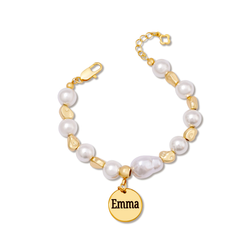 Baroque Pearl Engraved Name Disc Charm Girls Bracelet