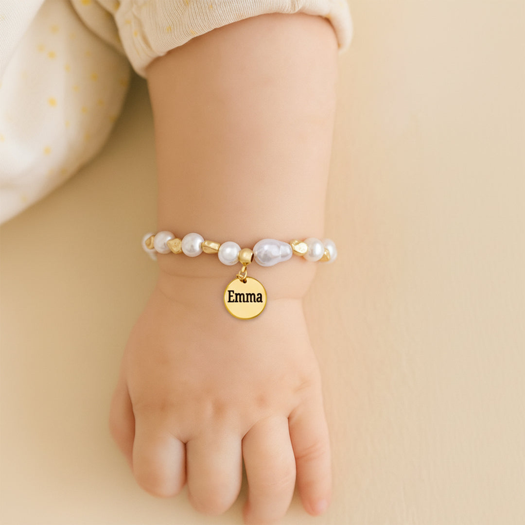 Baroque Pearl Engraved Name Disc Charm Girls Bracelet