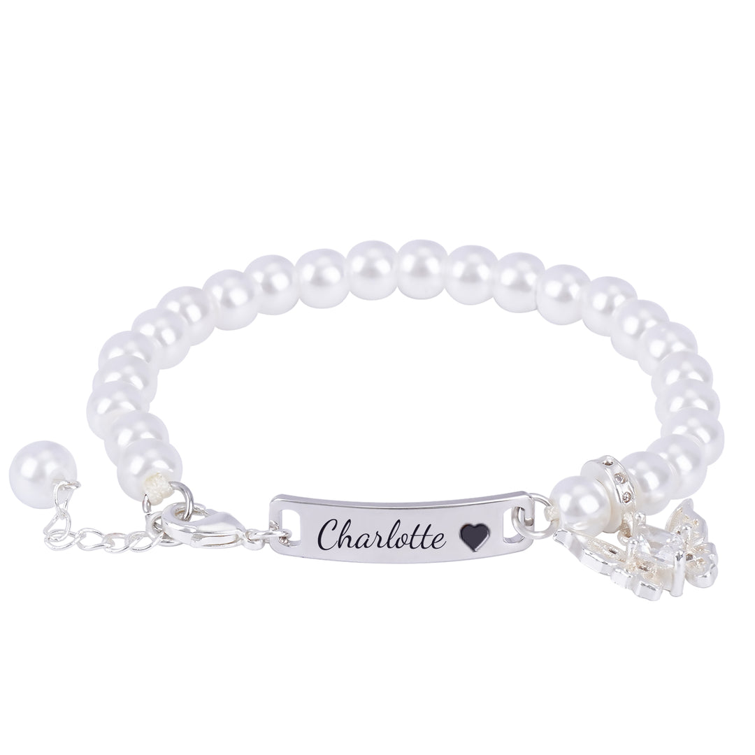 Personalized Girl's Pearl Identity Bracelet – Crystal Butterfly Charm