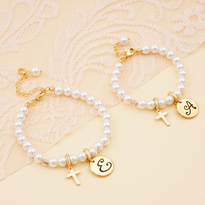 Personalized Initial Mom and Daughter Pearl Bracelet Set