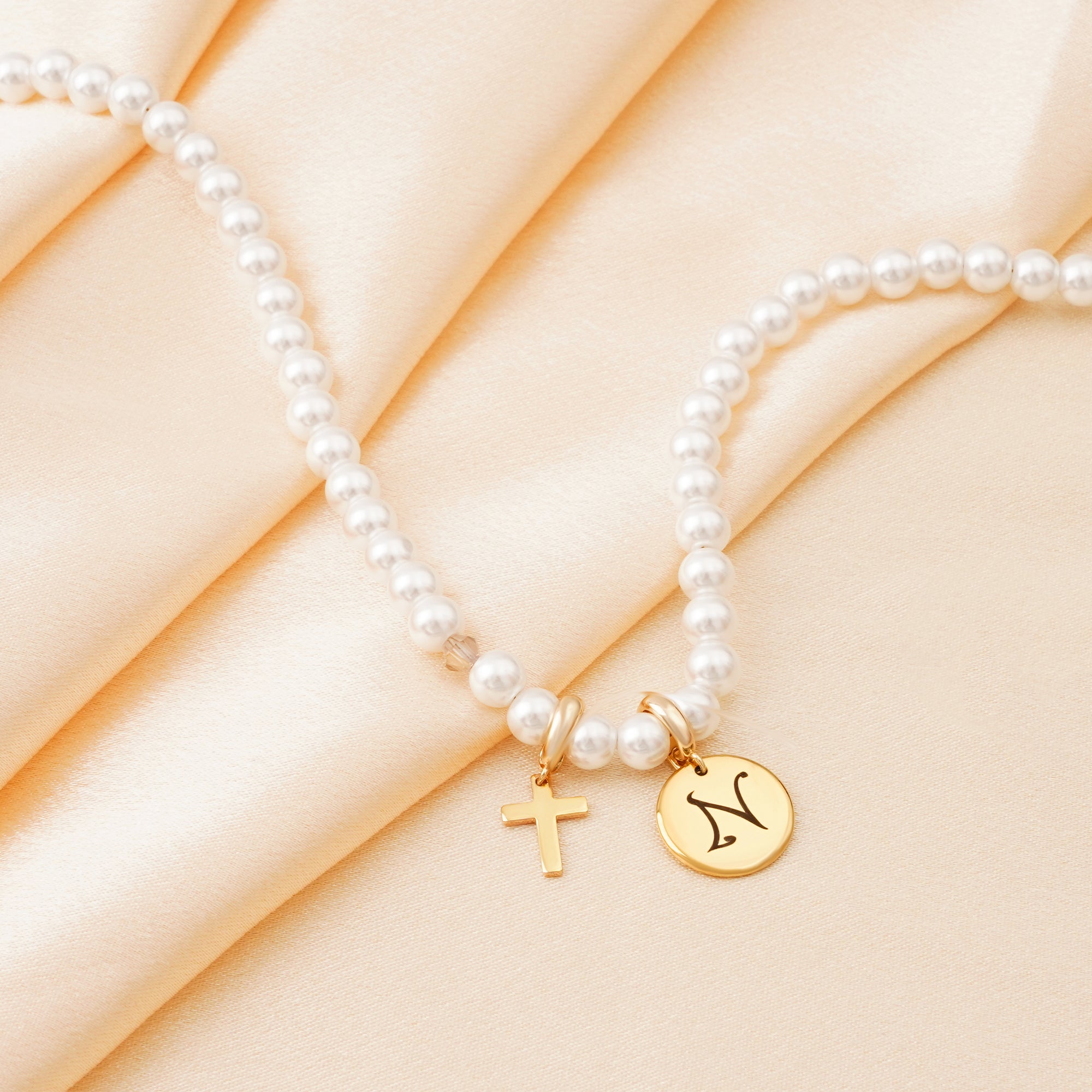 Personalized Girls Cross and Pearl Necklace with Initial