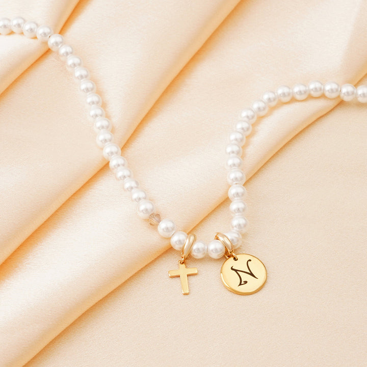 Personalized Childrens Cross and Pearl Bracelet with Initial