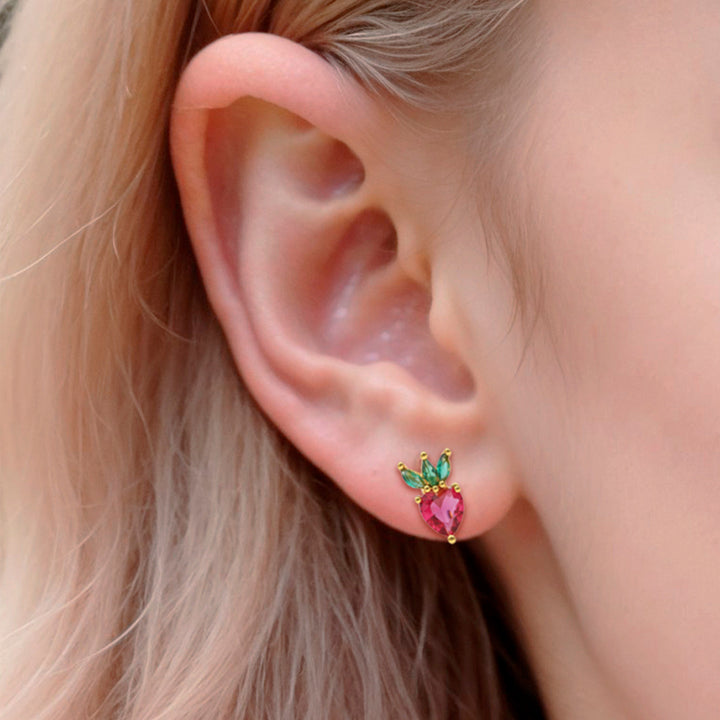 Girl Wearing Crystal Strawberry Earrings