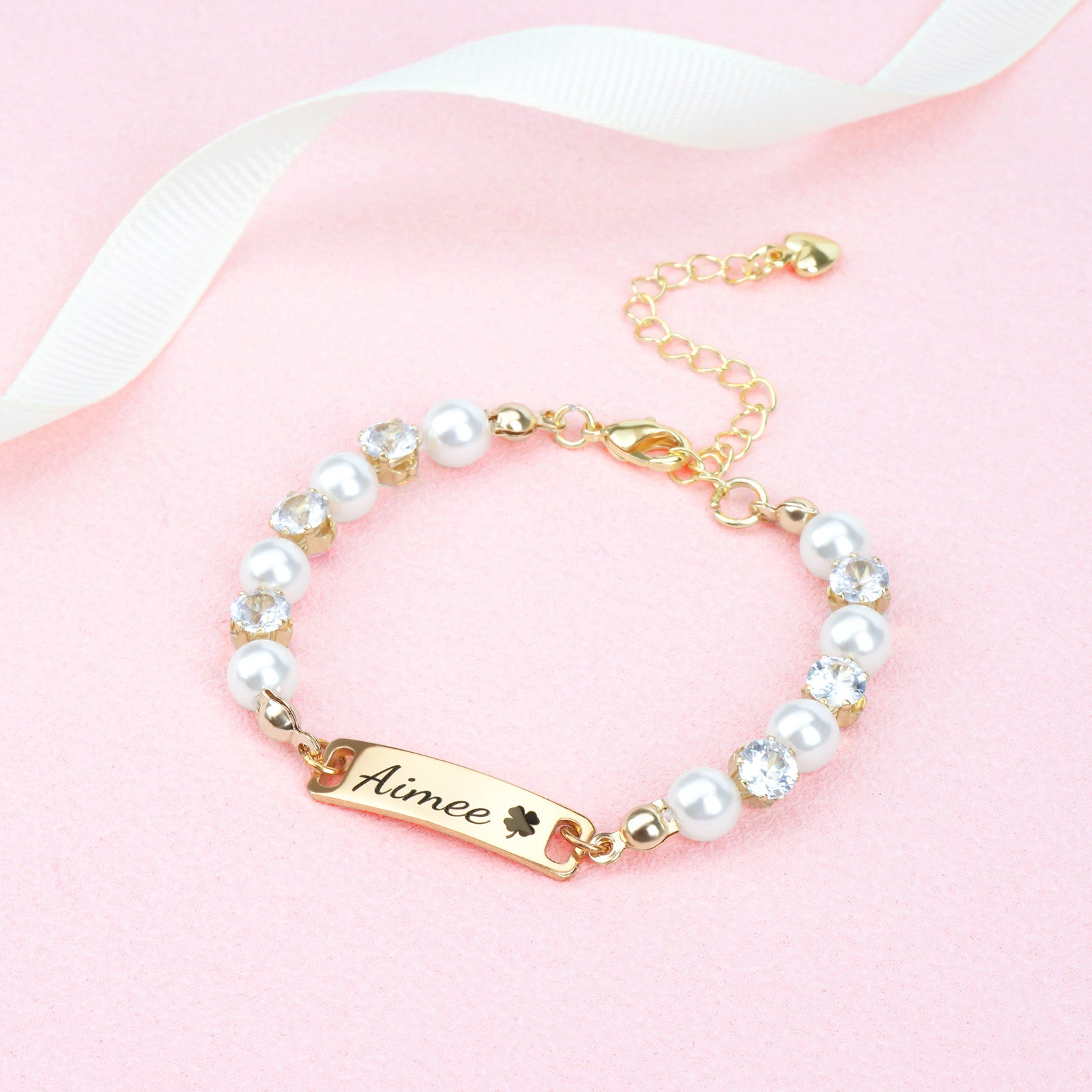 Personalized Kids Pearl & CZ Nameplate Bracelet – Adjustable Gold