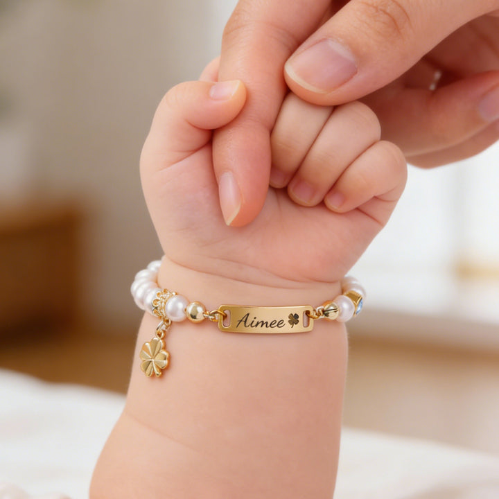 Four-leaf Clover Personalized Baby Name and Birthstone Pearl Bracelet