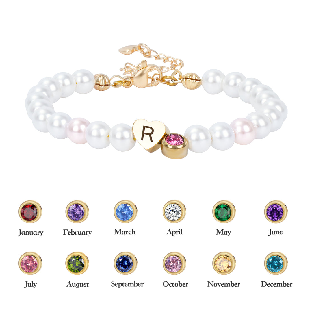 Personalized Pearl Bracelet for Girls with Birthstone and Initial Charm
