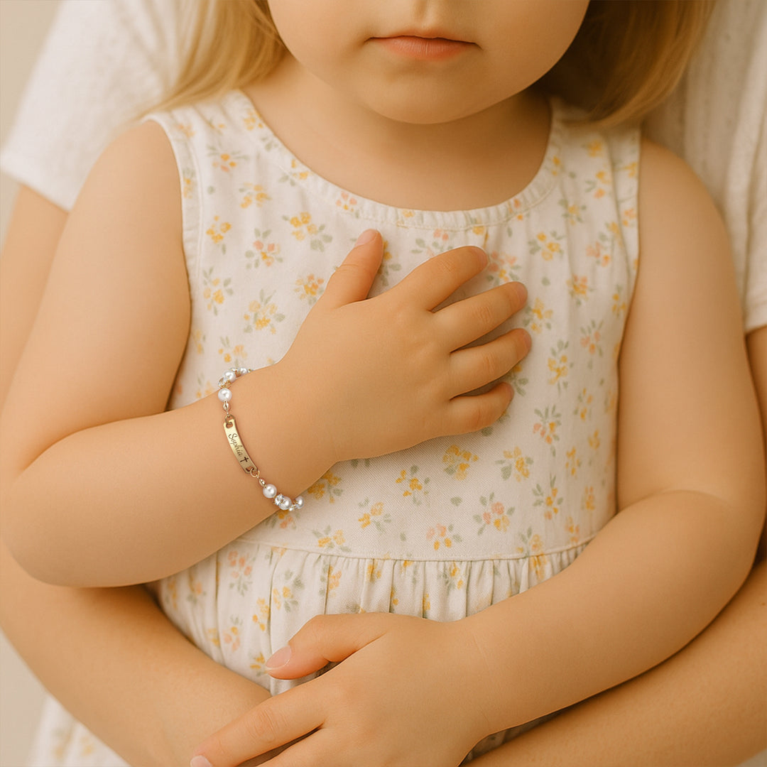 Personalized Kids Pearl & CZ Nameplate Bracelet
