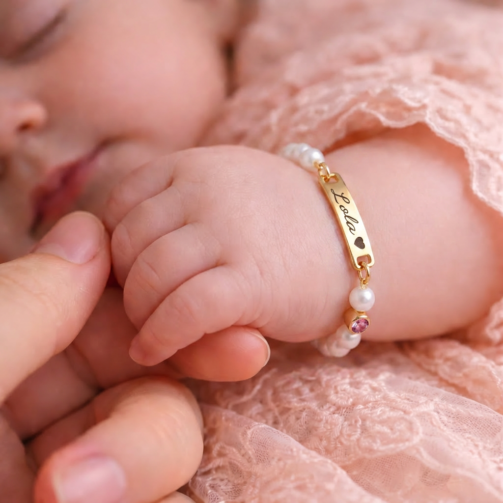 Bracelet de perles personnalisé avec nom de bébé et pierre de naissance