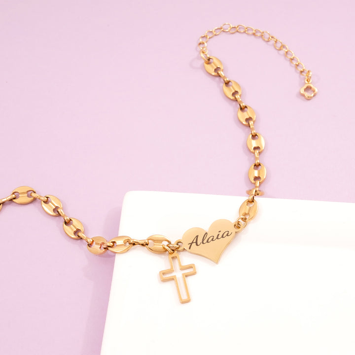 Pig Nose Chain Engravable Heart and Cross Charm Bracelet for Girls